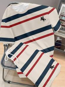 Manfinity Hypemode Men's Summer Casual Navy Blue 2 Piece Outfit,Diagonal Stripe Horse Logo T-Shirt And Shorts Set,City Break Preppy Old Money Style Vacation Co Ord Set - Multicolor - View 2