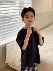DAZY Tween Boy Solid Color Crew Neck Short Sleeve Top And Plaid Pants Casual Loungewear Pajama Set Summer - Navy Blue - View 4