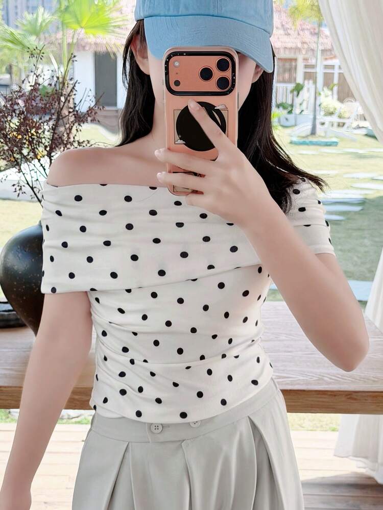 Tween Girls' Casual Polka Dot Print Off Shoulder T-Shirt, Summer