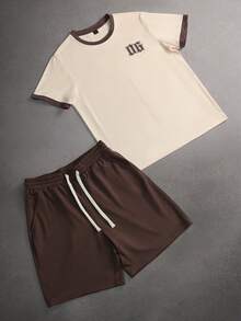 Manfinity Hypemode Men's Casual Numeric Print Contrast Trim Round Neck Short Sleeve T-Shirt And Drawstring Waist Shorts Set, Summer - Multicolor - View 3