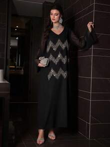 Al Najma Vestido largo de corte holgado con estilo árabe de Oriente Medio, panel delantero en escote en V con bordado de cuentas de colores, túnica tradicional - Negro - Ver 4