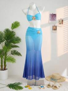 SHEIN Tween Girl Vacation 3pcs Blue Starfish Metal Button Bikini 3 Pieces Set, Beach Holiday - Blue - View 3