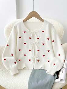 SHEIN Frenchy Women's Casual Elegant Knitted Cardigan, Suitable For Valentine's Day, Heart Embroidery - Multicolor - View 6