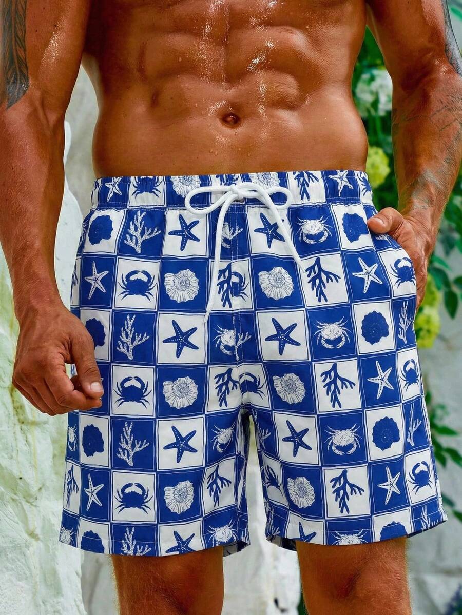 Manfinity Swimmode 男士海星印花抽绳腰带休闲沙滩短裤 男士泳裤 男士泳装 泳池服 - 藍色 - 查看 1