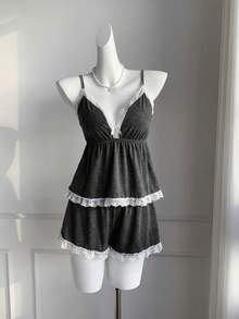Comfortcana Plus Size Contrast Color Trim Bow Decor Camisole And Shorts 2 Pieces Set - Dark Grey - View 6