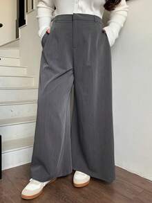 Dazy Plus Pantalones de pierna ancha de unicolor, elegantes y versátiles para uso casual y de negocios, para todas las estaciones, talla grande - Gris - Ver 3