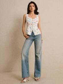 Poéselle 优雅印花前扣无袖上衣，印花上衣，外出上衣，女士度假装扮，乡村风女士装扮，女士沙滩装扮，完美适合度假、旅行、周末和下午茶时间穿着，春夏女士休闲装扮，夏季上衣可搭配牛仔裤，夏季女士上衣 - 彩色 - 查看 3