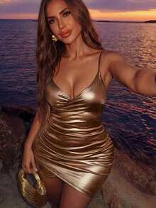 Allurite Đầm không tay bó sát màu trơn ánh kim mùa hè cho nữ bằng da PU trang phục nữ - màu nâu - Xem 7