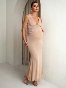 MaterniChic Maternity Dress For Gender Reveal Party, Summer Elegant Peach Solid Color Deep V-Neck Cross-Back Fitted Silhouette High Elastic Comfortable - Apricot - View 10