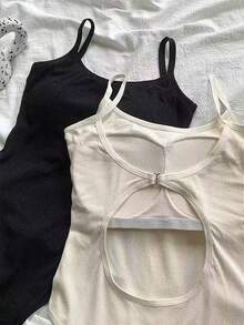 Franclia Women's Minimalist Solid Color Backless Spaghetti Strap Bodysuit, Versatile For Summer - Apricot - View 5