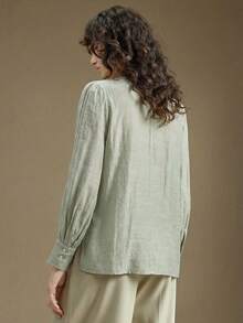 Ontre 2026SS 女士醋酸纤维亚麻面料镂空刺绣圆领长袖衬衫，都市通勤商务休闲外套，优雅婚礼宾客、派对、办公室、教师等场合着装 - 綠色 - 查看 2