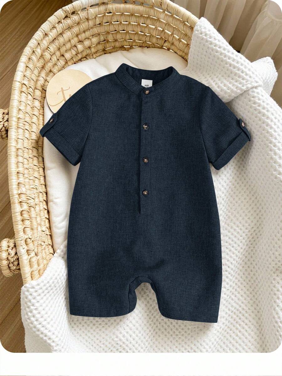 Bộ áo liền quần tay ngắn màu xám cổ bẻ dễ thương cho bé trai sơ sinh, thích hợp cho tiệc sinh nhật, tiệc tối, biểu diễn, đám cưới, lễ kỷ niệm một tháng tuổi, lễ rửa tội và tiệc mừng sinh nhật đầu tiên của bé. - Màu xanh hải quân - Xem 1