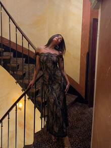 Firerie 女士新款秋冬性感S型蕾丝长袖紧身包臀黑色长裙，夏季连衣裙，茶会礼服，优雅性感 - 黑色 - 查看 3