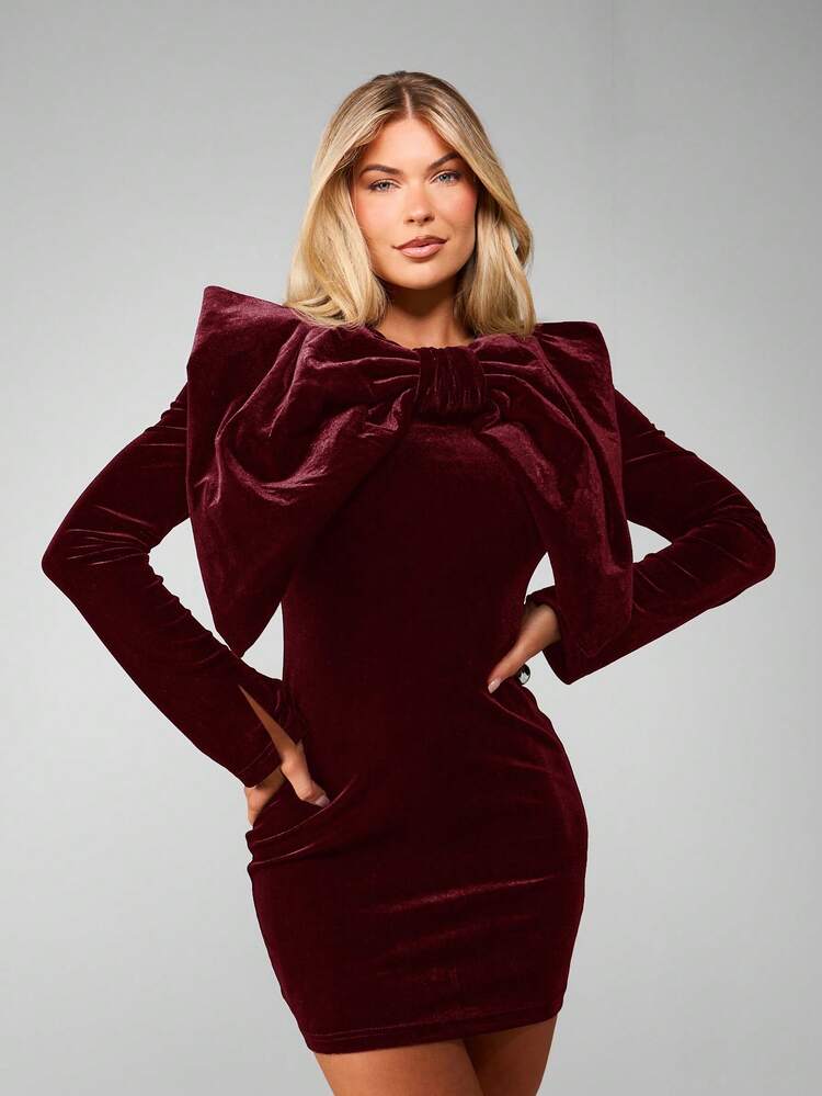 MISSGUIDED Luxurious Velvet Mini Dress With Bow Detail Long Sleeves Bodycon Fit Holiday Party Evening Formal Winter Occasion