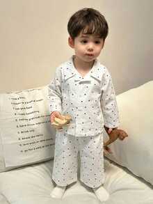 Hapijoa 2件套幼儿男童条纹爱心休闲长袖衬衫和裤子家居服套装，春秋季 - 白色 - 查看 4