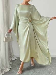 Rafferiza 春夏时尚中东风宽松连衣裙，腰部可调节，金属扣装饰，均码 - 綠色 - 查看 7