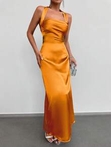 SHEIN Cottnline Solid Color Square Neckline, Wist-Tie, Halter Backless Dress - Orange - View 4