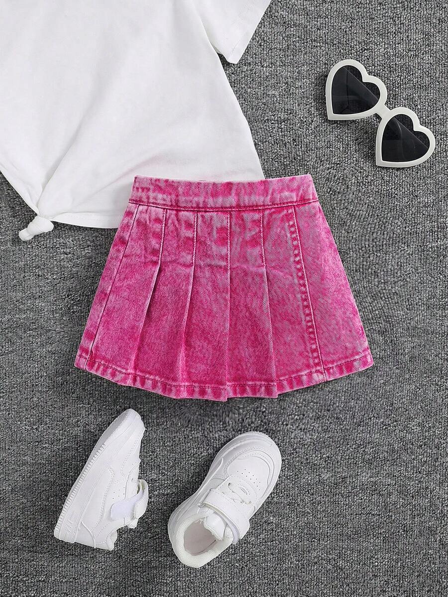 SHEIN Baby Girl's Spring Summer Boho Cute Pleated Skirt, Ruffle Trim Wrap Elastic Waist Comfortable Soft Denim Skorts Jeans Shorts - Pink - View 1