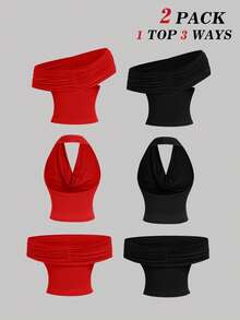 SHEIN MOD 2件套三穿女式休闲纯色修身上衣，C - 紅色 - 查看 2