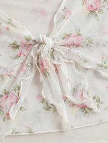 SHEIN Girlism 少女优雅碎花系带短袖露脐T恤 - 杏色 - 查看 4