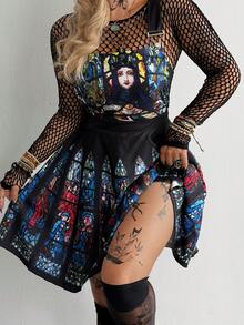 Flirla Plus Size Women Gothic Style Jesus & Virgin Mary Print Waist Cinched Short Suspender Dress - Multicolor - View 3