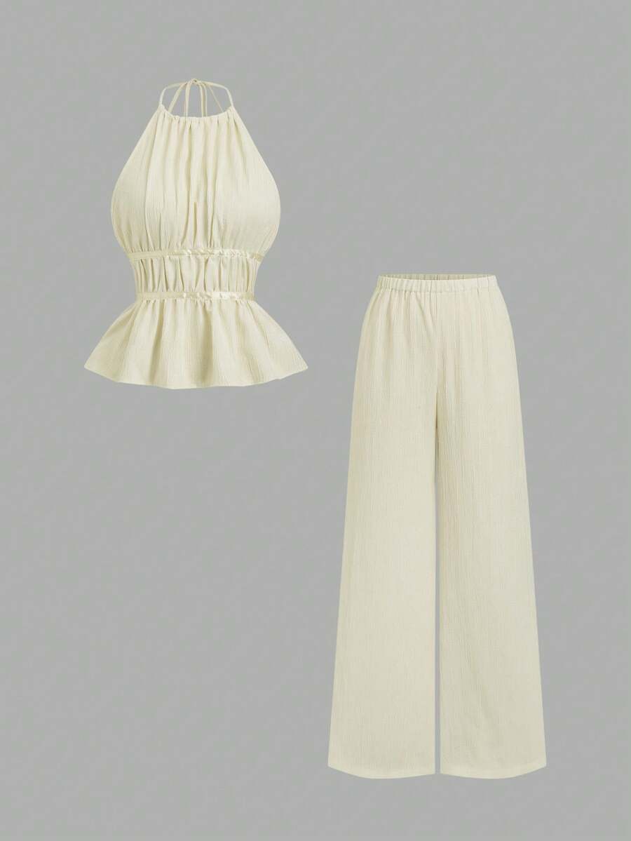 Sweetra French Style Relaxed Solid Color Cinched Waist Halter Top And Loose Wide Leg Pants Fashion Women 2-Piece Set - Apricot - View 1
