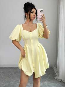 SHEIN Elenzya Women's Elegant Pale Yellow Summer Dress,Puff Sleeve Square Neck Waist Cinched Peplum Hem Short Dress,Casual Tea Party Beach Holiday Formal Dress - Yellow - View 7
