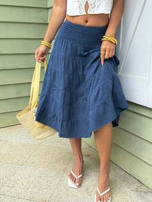 Sunnyshic 女士夏季休闲褶皱牛仔迷你裙 - 藍色 - 查看 6