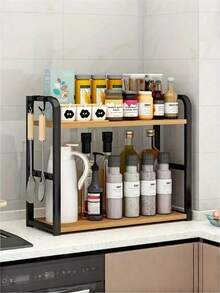 1PC Multi Function Iron And Wood Kitchen Storage Rack Space Saving Countertop Organizer Holder For Utensils Spices Plates Cups Pots Pans Lids Cutting Boards Drying Rack Drainer Shelf For Cabinet Pantry Home Organization Kitchen Accessories - 2-layer Storage Rack - View 6