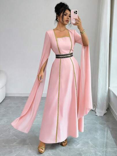 Rafferiza Women's Elegant Gold Woven Waist Belt Luxury Sequin Beaded Split Long Sleeve Party Dress, Autumn Fashion