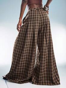 GENKIRA Fashionable Retro Versatile Commuting Casual Plaid Pleated Design Loose Flattering Wide Leg Pants - Coffee Brown - View 3