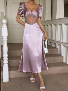 DAZY Lace & Satin V-Neck Waist Cinched Midi Dress With Puff Sleeves, Suitable For Banquet, Holiday, Easter Party, Summer Sun Dresses For Women - Mauve Purple - View 4