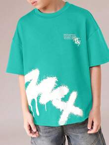 SUMWON Boys Crew Neck Short Sleeve Tee With White Graffiti Print Design Casual Summer Top - Green - View 4