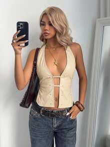 Aloruh Top sin espalda de verano casual para mujer con detalle de remaches en el cuello halter - Beis - Ver 3