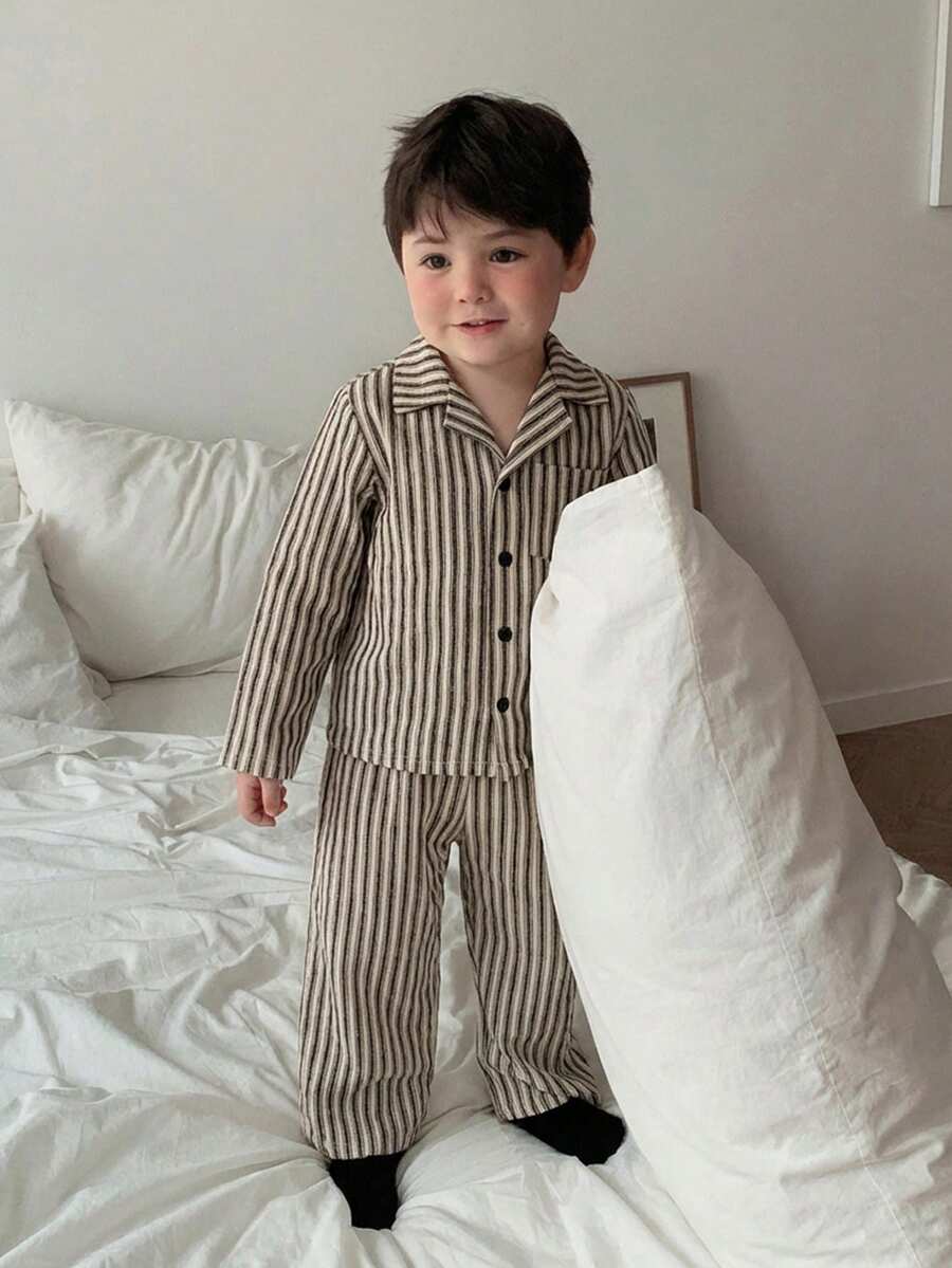 DAZY 两件套男童条纹韩版衬衫和宽松裤子睡衣套装 - 卡其色 - 查看 1