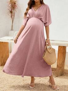SHEIN 孕妇夏季休闲度假风纯色V领蝙蝠袖褶皱连衣裙 - 粉色 - 查看 3