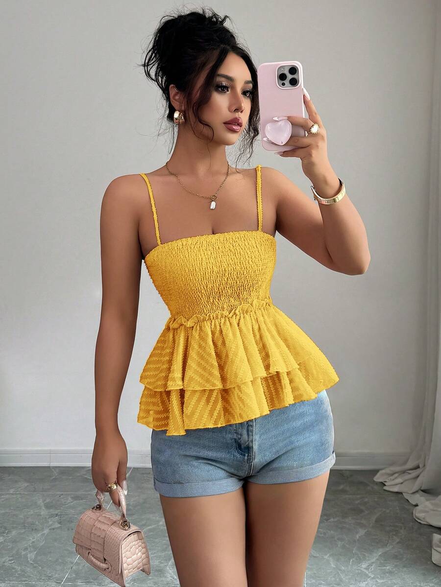 Elenzga Áo hai dây nữ dáng suông, cắt xẻ, xếp lớp, chất liệu chiffon, thích hợp cho kỳ nghỉ, thường ngày. - Màu vàng - Xem 1