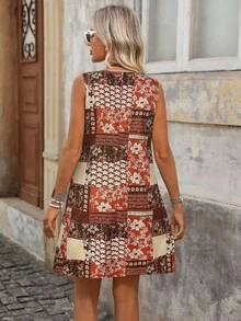 Brillora 女士印花圆领休闲度假日常短裙 - 紅木色 - 查看 2