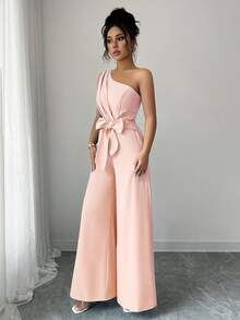 Elenzga Bộ jumpsuit ống rộng màu trơn thanh lịch, thắt eo, phù hợp cho người đi làm. - Hồng - Xem 5
