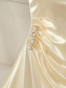 GlowEve Elegant Satin Strapless Pearl-Button Dress, Pleated Waist Slimming Midi Dress, 2026 Summer New French A-Line Dress - Champagne - View 8