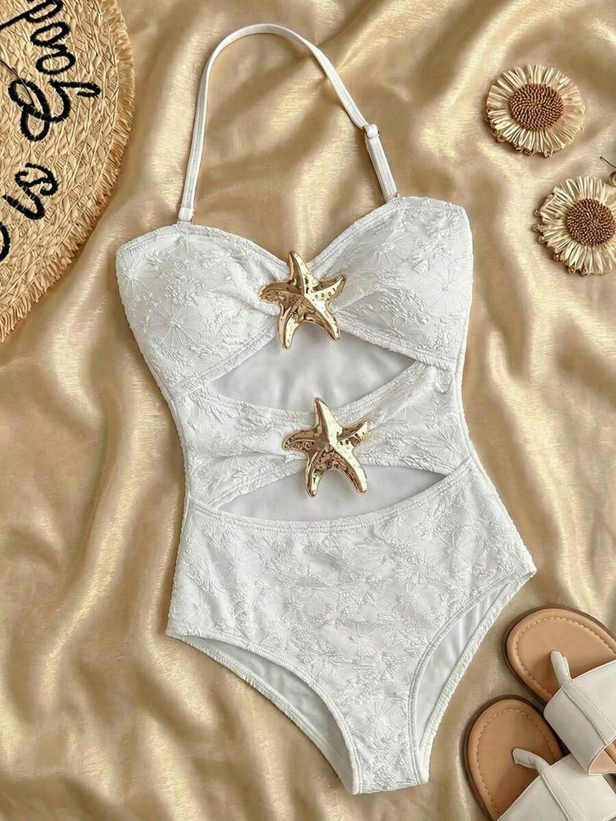 SHEIN Tween Girl Casual Vacation White 1pc Detachable Strap Hollow Starfish Accent Ruched One-Piece Swimsuit, Summer Beach - White - View 1