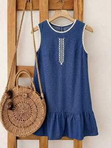Breezaya Women's Summer Boho Navy Blue And White Printed Sleeveless Ruffled Hem H-Line Dress,Elegant Vacation Holiday Short Dress For Beach Party - Navy Blue - View 4