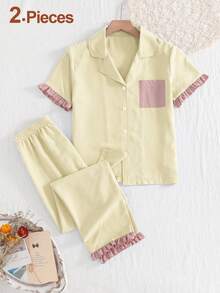2件套少女短袖翻领上衣和休闲裤家居服套装 - 彩色 - 查看 3