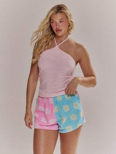 MUSERA Towelling Halterneck Fitted Vest Top Spring Summer Cute Girly Holiday Vacation Beach Everyday Casual Sorbet