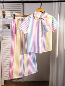 SHEIN 少女休闲条纹衬衫长裤T恤套装，适合度假、外出、上学等场合，时尚百搭。 - 彩色 - 查看 2