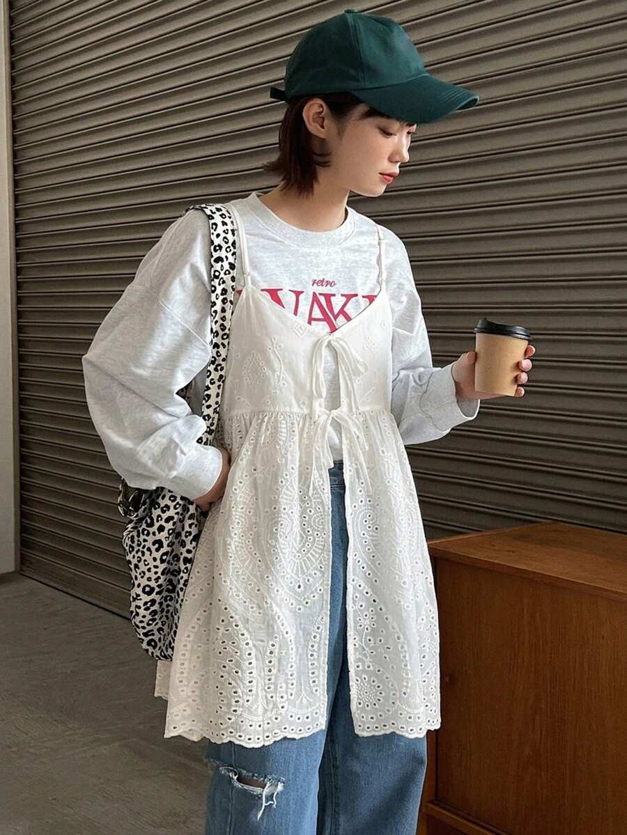 FRIFUL Women's Solid Color Knotted Hollow Out Embroidery Casual Camisole Summer - White - View 1