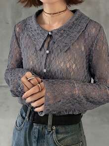 FRIFUL Women's Lace Long Sleeve Single-Breasted Fashion Top Fall - Dark Grey - View 3