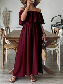 SHEIN VCAY 大尺碼休閒純色露肩洋裝 女款夏季洋裝 酒紅色女款休閒洋裝 優雅經典 - 酒紅色 - 查看 6