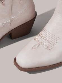 Styleloop Women's Dark Punk Gothic Embroidered Western Boots, Brown Low Heel Rivet Leather Mid-Calf Boots - Khaki Leather - View 4