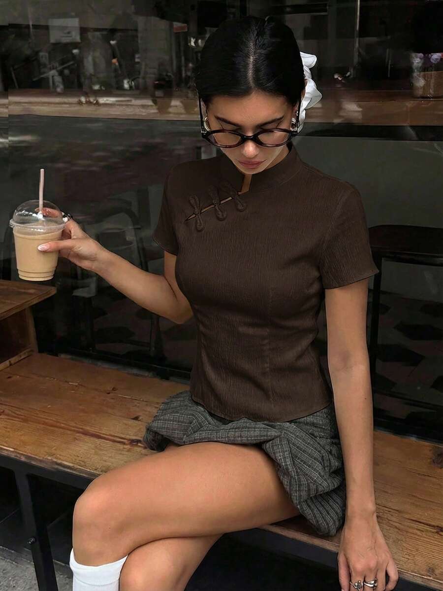 Aloruh Apricot New Chinese Style Button Collar Short Sleeve Waist Cinched Spring/Summer New Women Shirt,Summer Top - Coffee Brown - View 1